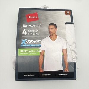 Hanes Sport X-Temp Mens 4 Pack Tagless V-Neck Mesh Undershirts White M